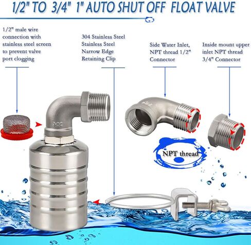 صمام تعويم، صمام تعويم مياه 1/2 بوصة إلى 3/4 بوصة، صمام تعويم أوتوماتيكي بالكامل للتحكم في مستوى المياه من الفولاذ المقاوم للصدأ 304 مع موصل خيط NPT، وحدة تحكم أوتوماتيكية في مستوى المياه لخزان المياه والماشية. in Kuwait