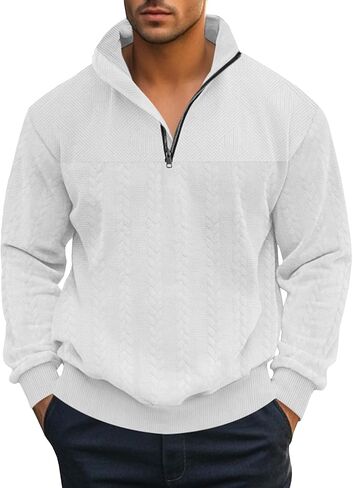 Mens Quarter Zip Pullover Quilted Sweatshirt Knit Long Sleeve Mock Neck Sweater Polo Shirt in Saudi Arabia