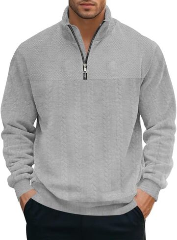 Mens Quarter Zip Pullover Quilted Sweatshirt Knit Long Sleeve Mock Neck Sweater Polo Shirt in Saudi Arabia