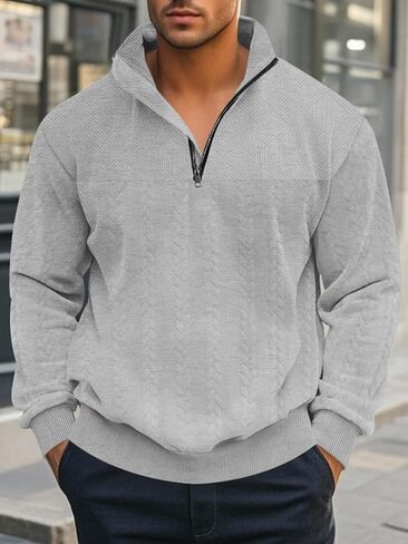 Mens Quarter Zip Pullover Quilted Sweatshirt Knit Long Sleeve Mock Neck Sweater Polo Shirt in Saudi Arabia