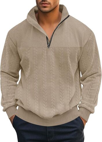 Mens Quarter Zip Pullover Quilted Sweatshirt Knit Long Sleeve Mock Neck Sweater Polo Shirt in Saudi Arabia
