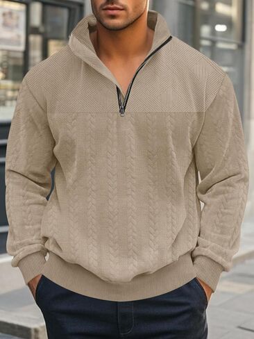 Mens Quarter Zip Pullover Quilted Sweatshirt Knit Long Sleeve Mock Neck Sweater Polo Shirt in Saudi Arabia