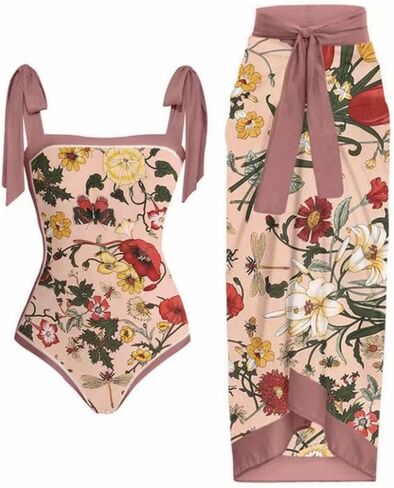 IBTOM CASTLE المرأة قطعة واحدة ملابس السباحة مع تغطية طويلة تنّورة ملفوفة قطعتين ثوب السباحة ريترو مونوكيني الصيف الشاطئ الزي in Kuwait