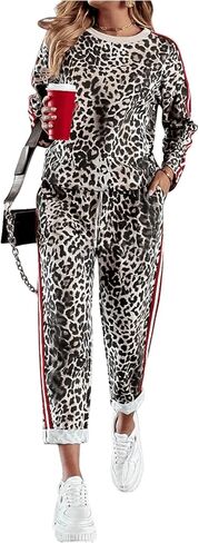 Women's 2 Piece Outfits Leopard Print Striped Sweatshirt and Drawstring Sweatpants Sets in Saudi Arabia
