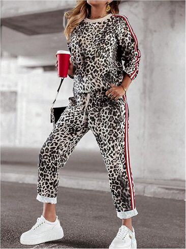 Women's 2 Piece Outfits Leopard Print Striped Sweatshirt and Drawstring Sweatpants Sets in Saudi Arabia