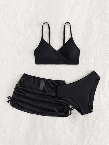 SHENHE Girl's 3 Piece Cute High Waisted Spaghetti Strap Swimsuit Bikini Sets with Beach Skirt in Saudi Arabia