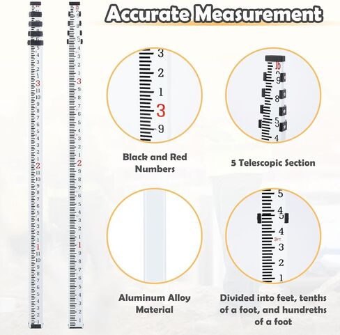 قضيب درجة، 16 قدم/10 أقسام قضيب قياس تلسكوبي، مقياس مزدوج الجوانب 1/10 بوصة عصا قضيب تسوية، قضيب مسح من سبائك الألومنيوم مع مستوى الفقاعات وحقيبة حمل للمنازل والجدران والأرضيات in Kuwait