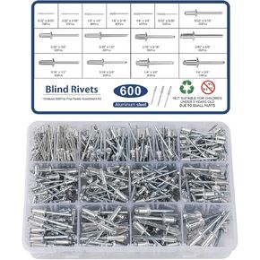 600pcs 15 Sizes Pop Rivets Assortment Kit,Aluminum Rivets, Silver pop rivet set including 3/32" 1/8" 5/32" 3/16" 1/4" blind rivets for metal Dome Head rivet kit