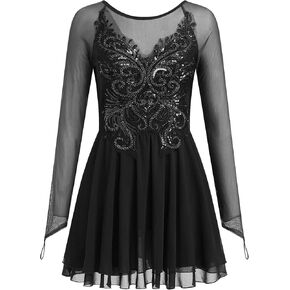ODASDO Figure Skating Dress for Women Mesh Long Sleeve Criss Cross Back Sequin Bead Chiffon Skirted Leotard Dancewear