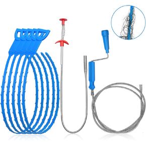 Vastar 7 in 1 Drain Snake Kit, 5Pcs 24inch Hair Drain Clog Remover, 24inch Stainless Steel Drain Cleaner and 51.18inch Drain Cleaning Brush, Drain Unclogger for Sink, Bathtub and Kitchen Tube(Blue)