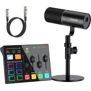 TONOR Podcast Equipment Bundle, Gaming Audio Interface and XLR Dynamic Microphone Set, USB Audio Mixer with RGB Lighting, for Gaming & Streaming, Content Creators, High Fidelity, Studio Quality Set