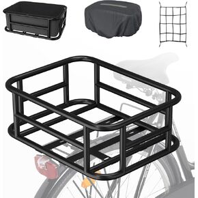 Large Rear Bike Basket with Liner & Waterproof Cover, Heavy Duty Metal Rack for Electric Bike, Bicycle Rear Rack Basket with Cargo Net, for Outdoor Cycling, Commuting & Shopping