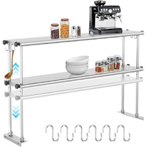 Double Overshelf of Stainless Steel 48" x 12", Stainless Steel Overshelf with 6 Hooks, Adjustable Commercial Double Shelf for 48" Prep Work Table in Restaurant, Bar, Garage, Home, Kitchen and Workshop