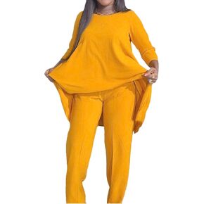 Plus Size 2 Piece Sets for Curvy Women Sexy Fall Long Sleeve Tops Wide Leg Casual Pants Sets Sweatsuits Yellow XL