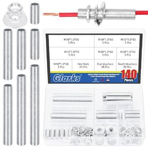 Glarks 140pcs Lamp Pipe Nipple Set Includes 35pcs M10 Thread 20MM 30MM 40MM 50MM 60MM 70MM 80MM Length Hollow Lamps 35pcs Flat Washers 35pcs Teeth Washers 35pcs Nuts for Lamp Lights