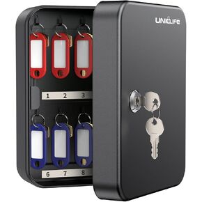 Uniclife 20 Position Key Cabinet with Key Lock Wall Mounted Black Security Storage Box Steel Key Organizer with Colorful Key Tag Labels Stickers and Hooks