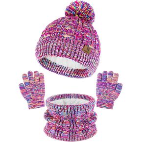 Glooarm Kids Winter Hat Gloves Scarf Set, Girls Toddler Winter Beanie Hat with Pom Knit Neck Warmer Gloves Fleece Lined Set
