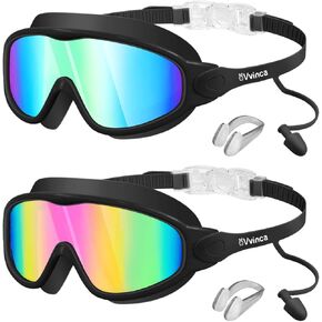 Vvinca Swim Goggles, Kids Goggles with Earplugs& Nose Clip Wide View Anti-Fog/UV Swimming Goggles for Age 3-15 Boys Girls
