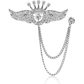 Rhinestone Wings Hanging Chain Brooch Crown Lapel Pin Men Collar Pins Cubic Zircon Angel Wings Suit Pin Vintage Crystal Wedding Brooch Pin Gifts