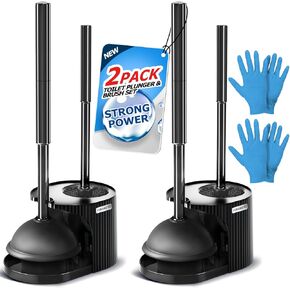 2Pack 2 in 1 Toilet Brush and Plunger Set, Extended Handle Plunger,Toilet Bowl Brush Plunger Set,Clean Gloves,Cleaning Tools,Cleaning Brush,Cleaning Supplies,Toilet Brush Plunger Combo,Black