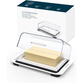 KITCHENDAO Airtight Flip-Top Butter Dish with Lid for Countertop and Refrigerator, Butter Keeper, Plastic Butter Holder Tray for 2 Sticks East Coast/West Coast/European Style/ Kerrygold Butter
