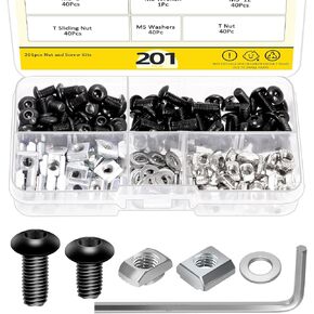 201Pcs M5 T Nuts and Screws Kit, Include M5 x 8mm, M5 x 12mm Hex Socket Head Screws, M5 T Nuts, M5 T Sliding Nut, M5 Washers with Hex Wrench for 2020 Series Aluminum Profile, Black