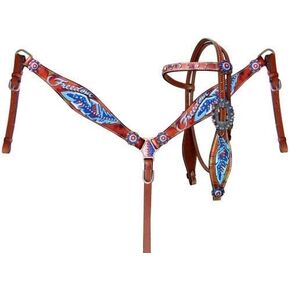 Showman "Freedom Headstall & Breast Collar Set w/Red, White & Blue Feather Design