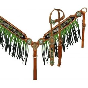 Showman Ombre Fringe Headstall and Breast Collar Set with Beaded Cross Inlay