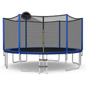 Giantex Trampoline, 12/14/15/16FT Outdoor Recreational Trampoline w/Enclosure Net, Non-Slip Ladder & Basketball Hoop, ASTM Approved, Combo Bounce Outdoor Trampoline for Adults Kids