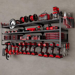 Large Power Tools Organizer Wall Mount,12 Drill Holder for Garage, Workshop Heavy Duty Storage Rack (Red)