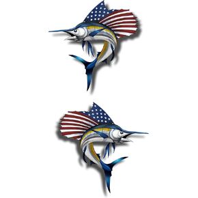 Premium Marlin American Flag Fish Sticker. Best USA Decal Vinyl for Your Car Window Or Bumper, Hard Hat, Fishing Toolbox. Decor for Shops, Cafe, Laptop Or Even Kayak Or Boat. Size 2.1 inch x 5 inch