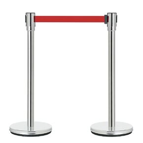 DuraSteel Crowd Control Barriers Line Dividers - Silver Stanchion Stainless Steel Posts with 6.5ft Red Retractable Belt Ropes - for Store Queues, Airport Lines, Event Entries - 2 Set/Pack
