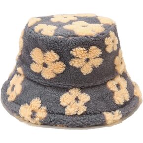 Winter Warm Plush Fuzzy Bucket Hat Faux Fur Daisy Flowers Shearling Fisherman Hats for Women