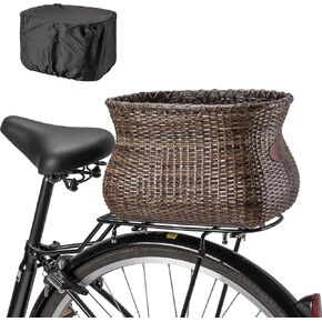Bike Basket Rear, Handmade Rattan Bicycle Baskets with Waterproof Cover, Cruiser Bike Baskets for Women’, Retro Style Bike Baskets for Adult Bikes and Ebike