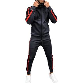 Men's Hooded Sportswear Suit Long Sleeve Full Zipper Two-Piece Suit Suitable for Running, Jogging, Sports Suit (Red Stripes, XL)…