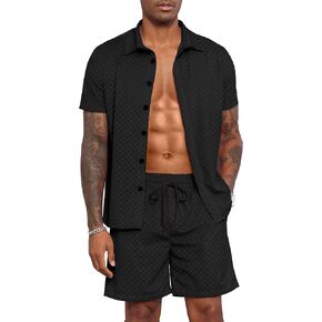 UOUA Mens Velour Tracksuit 2 Piece Outfits Short Sleeve Button Down Shirt and Short Sets Casual Sweatsuits