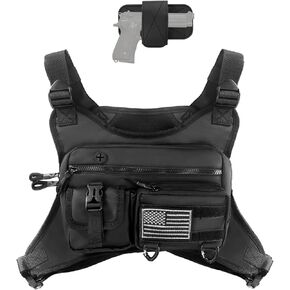 Men's Sports Chest Bag, Running Vest Tactical Chest Bag, Water Resistant Lightweight Front Running Vest Bag, with Extra Storage, Chest Vest Holster Fits Most Pistols, Fit Running, Hiking (Black)