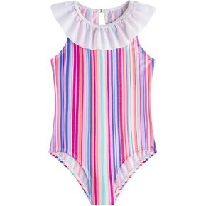 LIZENS Girls' One Piece Ruffle Trim Swimwear Rainbow Striped Swimsuit for Kids Children 2-12 Years