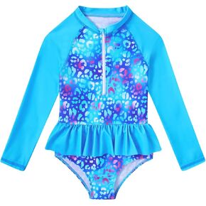 Raisevern 1-7 سنوات الفتيات Rashguard Swimsuit بأكمام طويلة واحدة قطعة واحدة من السوستة بدلات الاستحمام مع كعكة الكشكشة