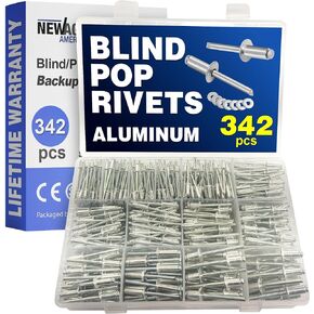 New Age America® 342pcs Blind Pop Rivets & Backup Washers | 3/32" to 1/4" | Silver | 14 Sizes | SAE Size Aluminum Rivets & 304 Stainless Steel Backup Washer | Rivet Kit w Steel Mandrel | Labelled Case