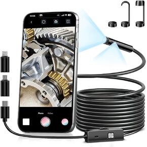 Dual-Lens Endoscope Camera with Light, 1920P Borescope Inspection Camera with 8+1 Adjustable LED Lights, 16.5FT Semi-Rigid Snake Cable, IP67 Waterproof Camera Compatible with iPhone, Android