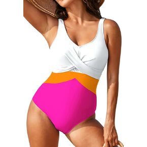 Pink Queen Women's One Piece Swimsuit V Neck Tummy Control Bathing Suits Sexy Criss Cross Swimwear