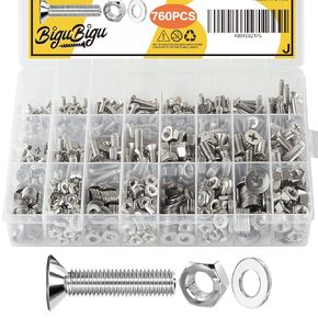 760Pcs Nuts and Bolts Assortment Kit, Machine Screws, #6-32#8-32#10-24#1/4-20 Stainless Steel Screws Set, Phillips Flat Head 16 Sizes Assorted Nuts Bolts Washers with Labeled Case