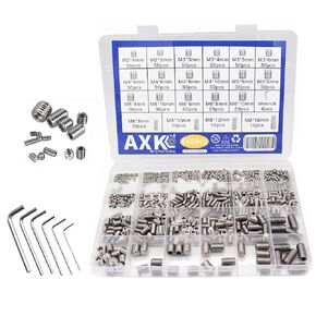 AXK 666Pcs Flat Point Set Screw Stainless Steel Hexagon Socket Grub Screw Kit M2 M3 M4 M5 M6 M8 Headless Screw Set Assortment Kit