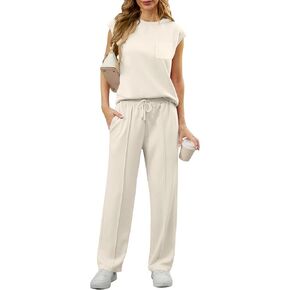 GRECERELLE 2 Piece Sets For Women Summer 2025 Outfits Lounge Sets Sleeveless Sweatsuits Wide Leg Tracksuits With Pockets