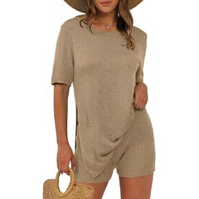 ANRABESS Women Summer 2 Piece Outfits Knit Short Sets Casual Sweater Top & Shorts Matching Lounge Set 2025 Beach Clothes