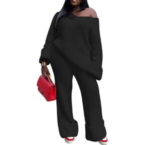 Tbahhir Women's 2 Piece Outfits Sweater Lounge Sets Pullover Long Sleeve Knit Tops Wide Leg Pants Tracksuit Sweatsuit