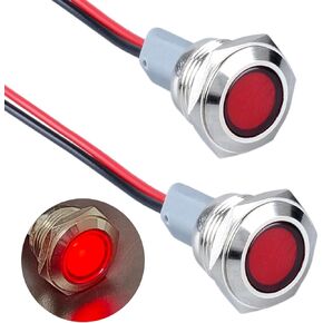2PCS 22mm Metal Indicator Light Mounting Hole 7/8", 12-24V AC/DC 20mA Waterproof IP67 Single lamp LED Pilot Lamp Flat Head with 20cm/7.87in. Wire for Car Truck Boat(Red LED)
