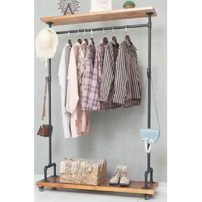 Industrial Pipe Clothing Rack on Wheels, Rolling Iron Garment Racks with Wood Shelves, Commercial Heavy Duty Clothing Racks, Steampunk Clothes Rack Retail (Two Tiers)
