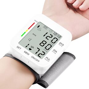 Blood Pressure Monitor Automatic Machine for Home Use LCD Display with Voice Adjustable Wrist 5.3"-7.7" Cuff 2X99 Memory with Carrying Case White